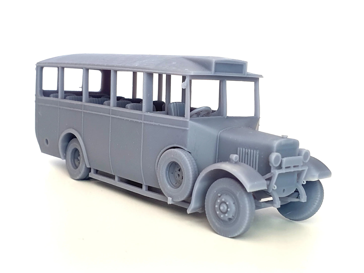 1:50 unpainted Peoples/General version of our scale model 20-seat Thornycroft bus, with the spare wheel in place - Three Peaks Models