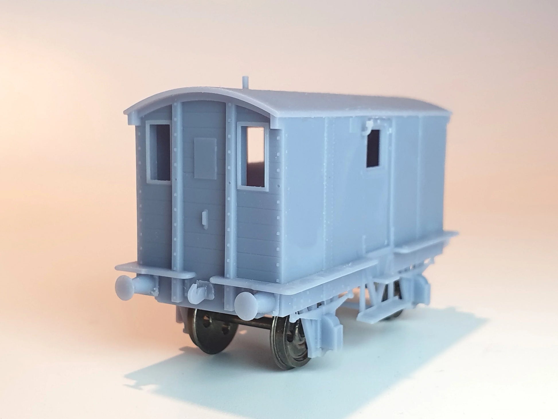 End view of a OO scale model of an L&Y Diagram 21 "Tin Tab" Brake Van