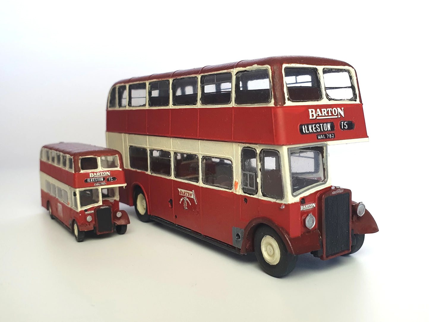 Painted examples of our scale model bus kit of 782 a Barton rebodied Leyland Tiger PS1/1 in OO and N - Three Peaks Models