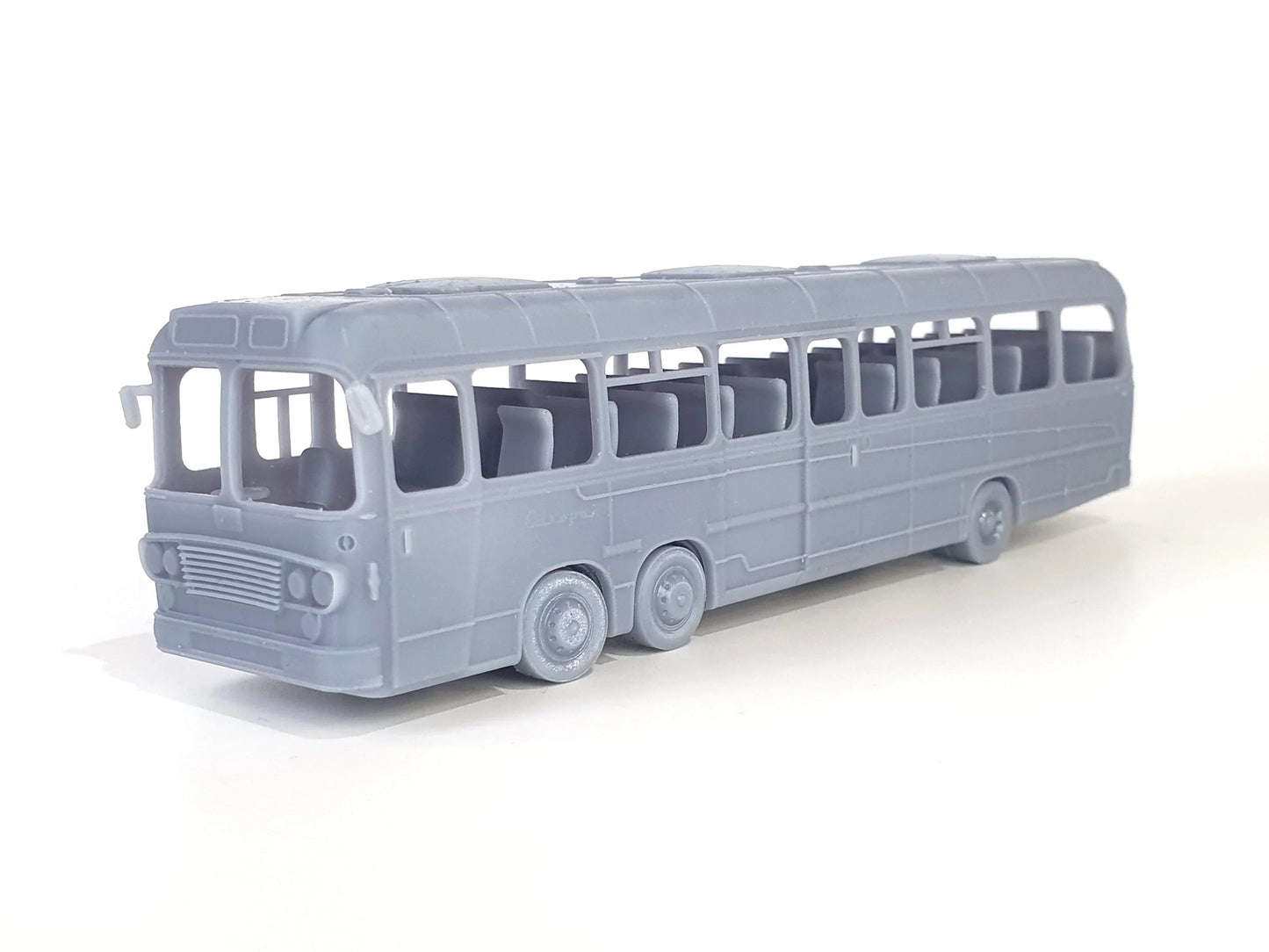 Front side view of OO (1:76) scale model of a Barton Transport Bedford VAL Buswith Europa Yeates body and 50 seat coach interior - Three Peaks Model