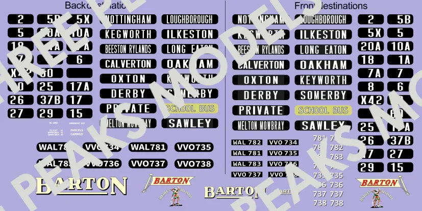 Example of the waterslide transfers included in the Barton rebodied Leyland tiger full model bus kit - Three Peaks Models