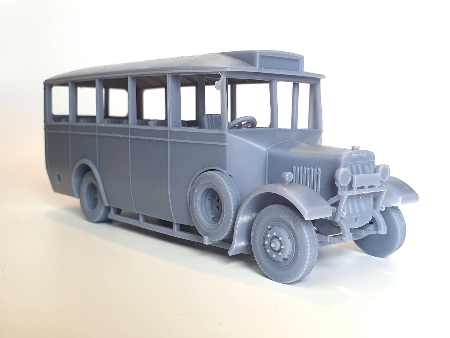 O (1:43) unpainted Peoples/General version of our scale model 20-seat Thornycroft bus, with the spare wheel in place - Three Peaks Models