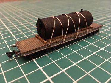 Example of a Lancashire boiler loaded on an N gauge flat wagon - Three Peaks Models, courtesy D Brummitt