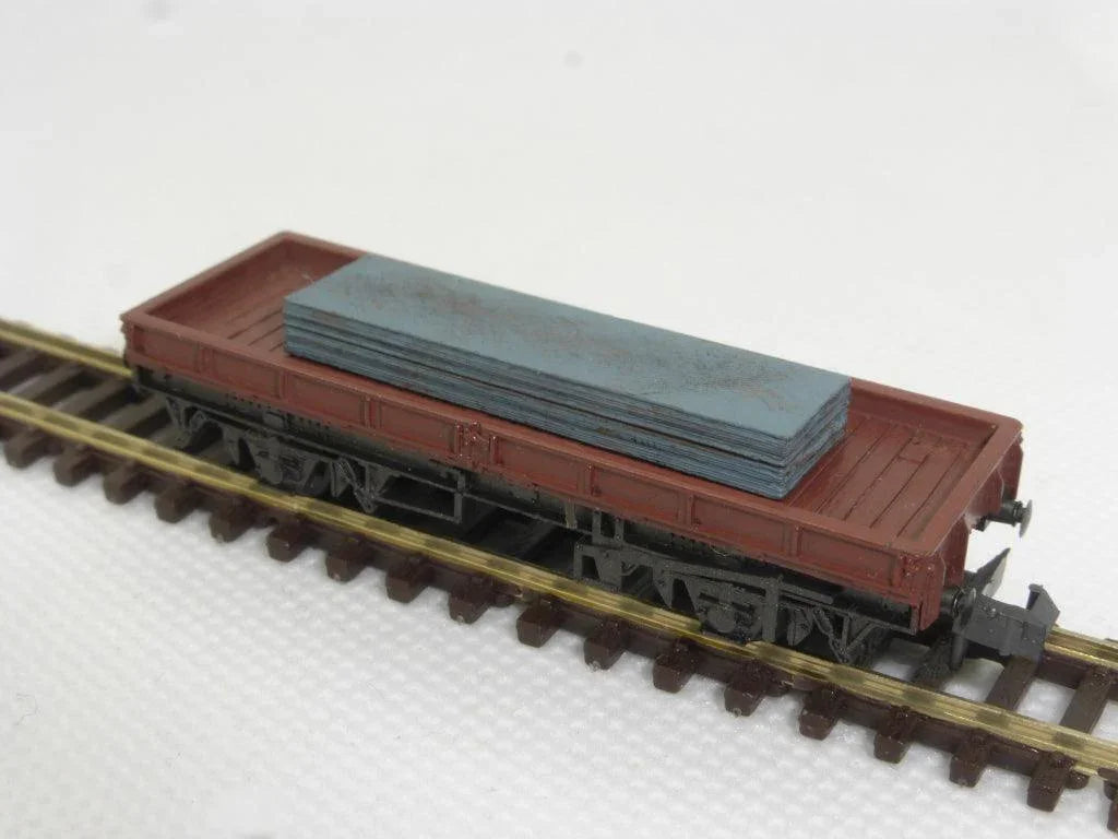 Painted N gauge scale models of steel slabs in a wagon - Three Peaks Models