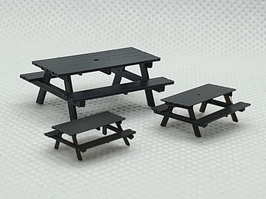 Scale model of 3 picnic benches, one in OO, one in TT and one in N gauge - Three Peaks Models
