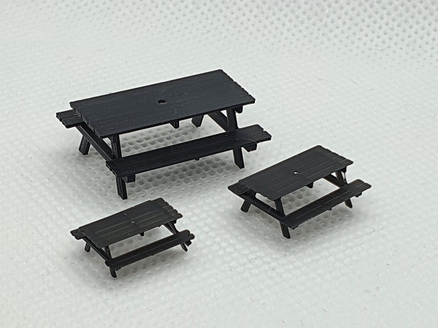 Scale model of 3 picnic benches, one in OO, one in TT and one in N gauge - Three Peaks Models