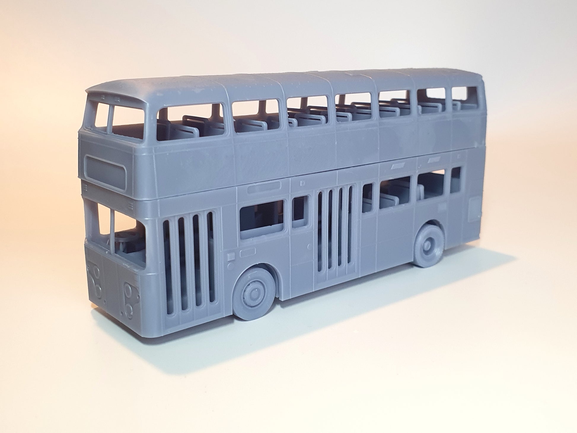 Unpainted scale model of a 2-door Oldham Leyland Atlantean bus in OO (1:76) - Three Peaks Models
