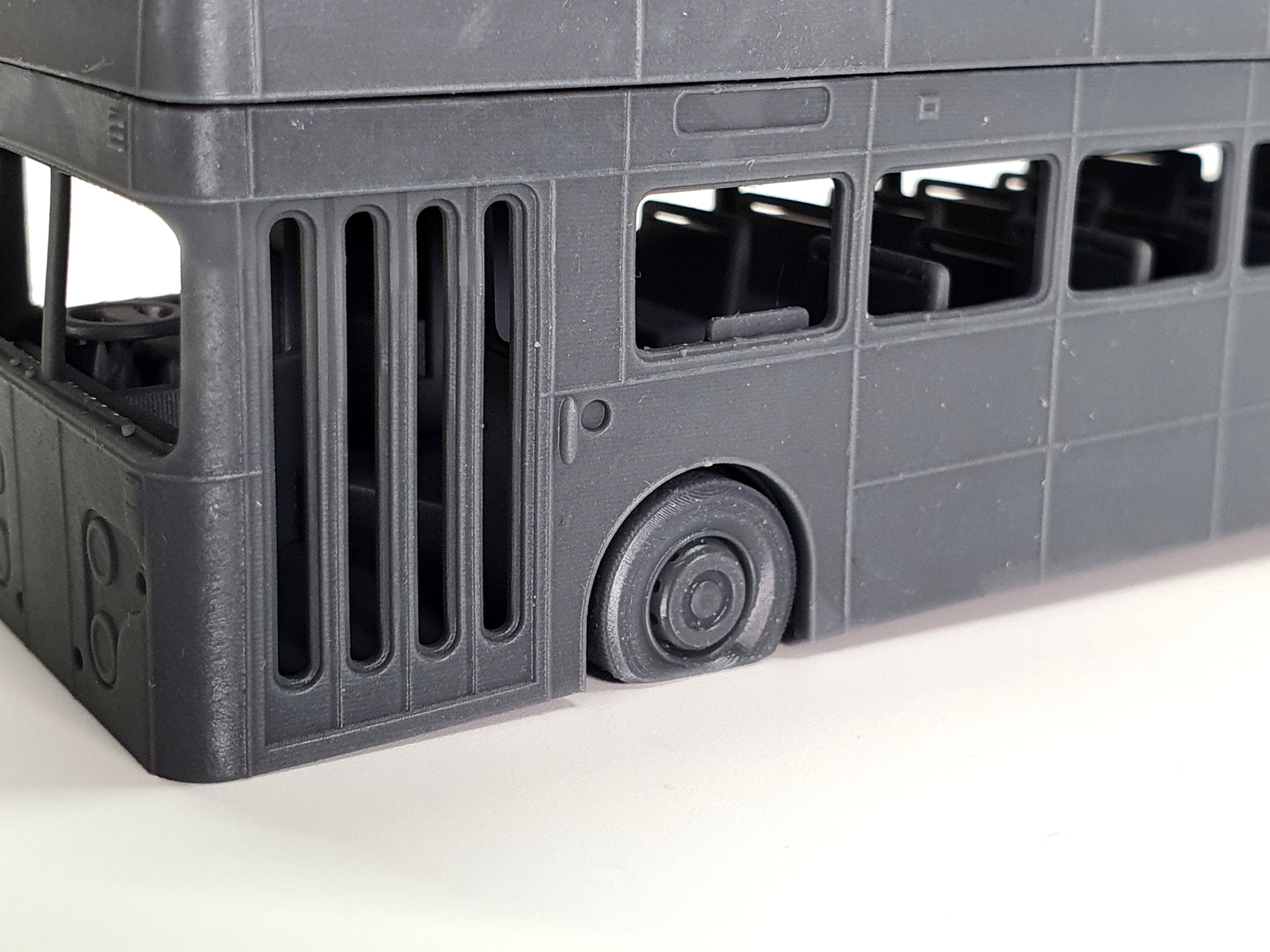 Example OO (1:76) scale model flat front tyre on our Oldham Leyland Atlantean buss - Three Peaks Models