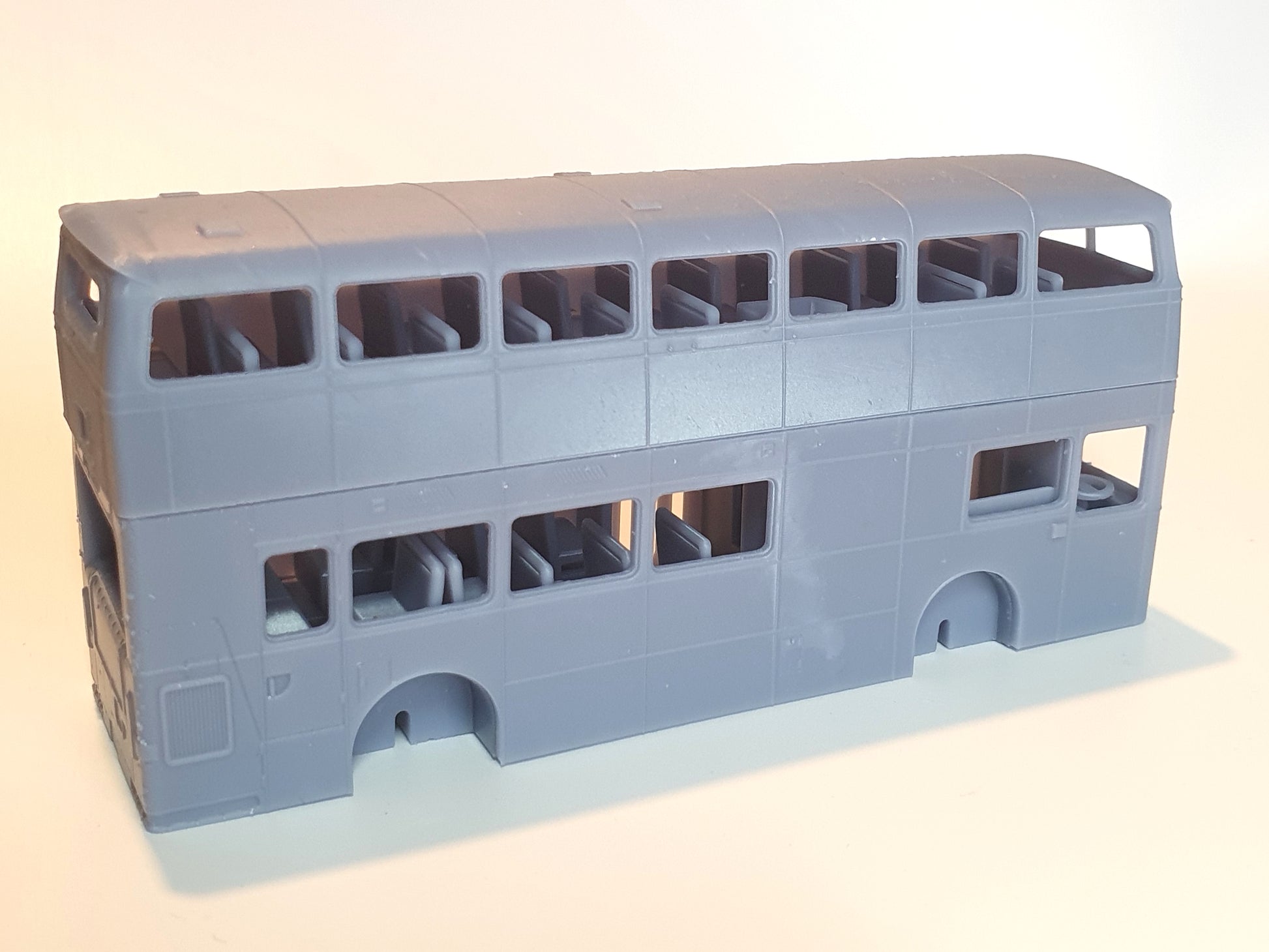 Driver side view of scale model of a 2-door Oldham Leyland Atlantean bus in OO (1:76) - Three Peaks Models