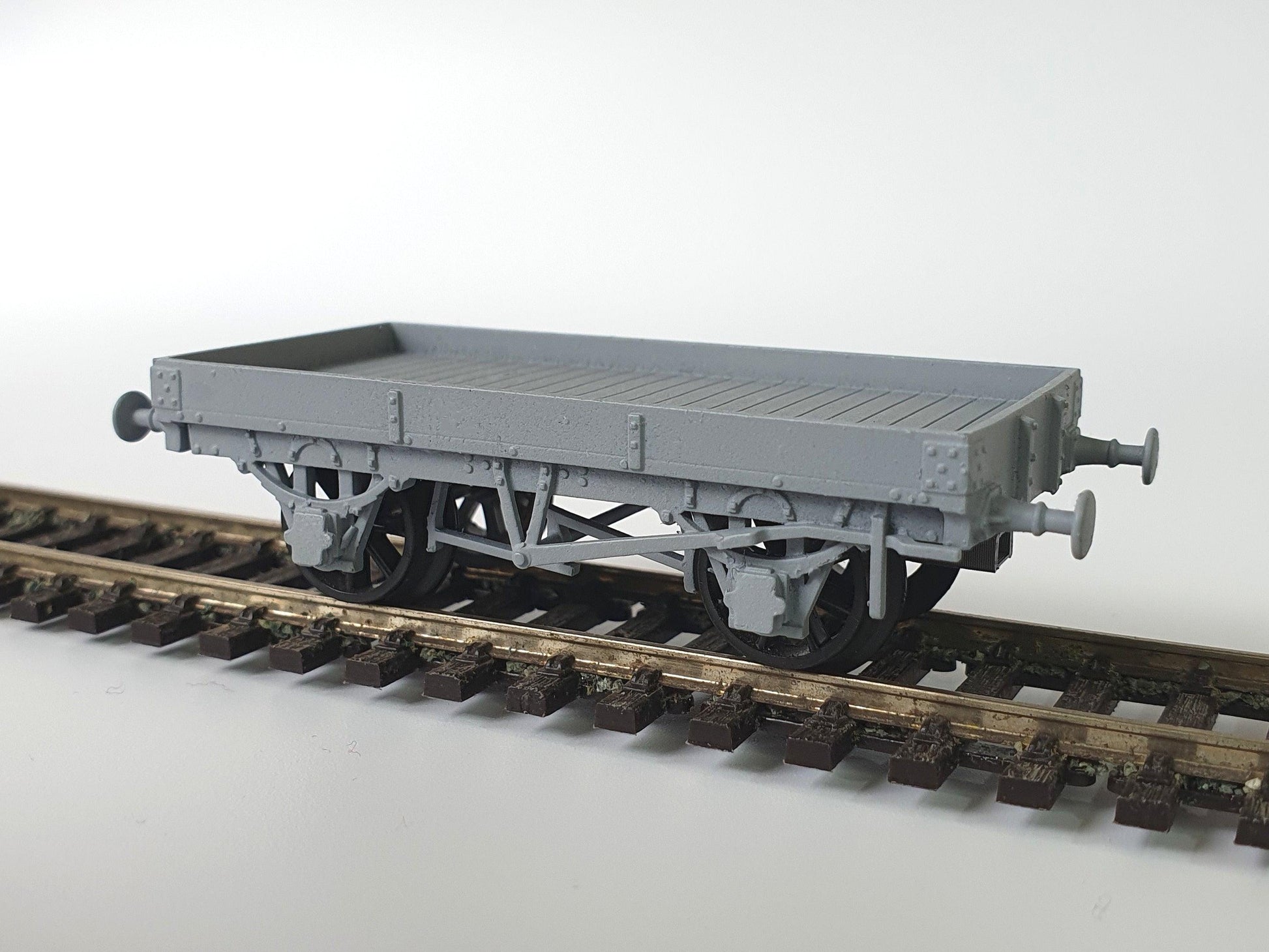 OO (1:76) scale model of an L&Y Diagram 1 Low Goods wagon, placed on OO track- Three Peaks Models