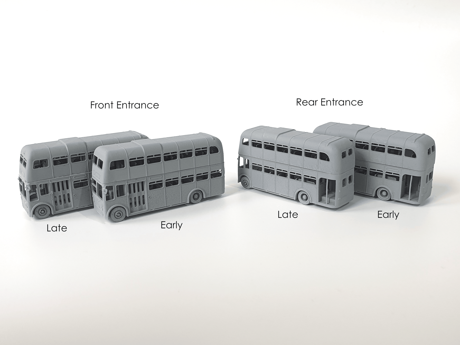 Collection of four N gauge scale model Bradford Trolleybuses, labelled with the version- Three Peaks Models