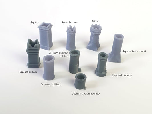 Nine differenct styles of chimney pots available with labels - Three Peaks Models