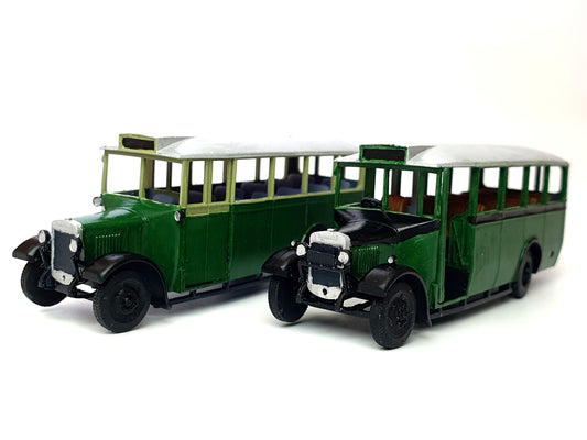Painted examples of the General and London transport versions of our scale model 20-seat Thornycroft bus - Three peaks Models