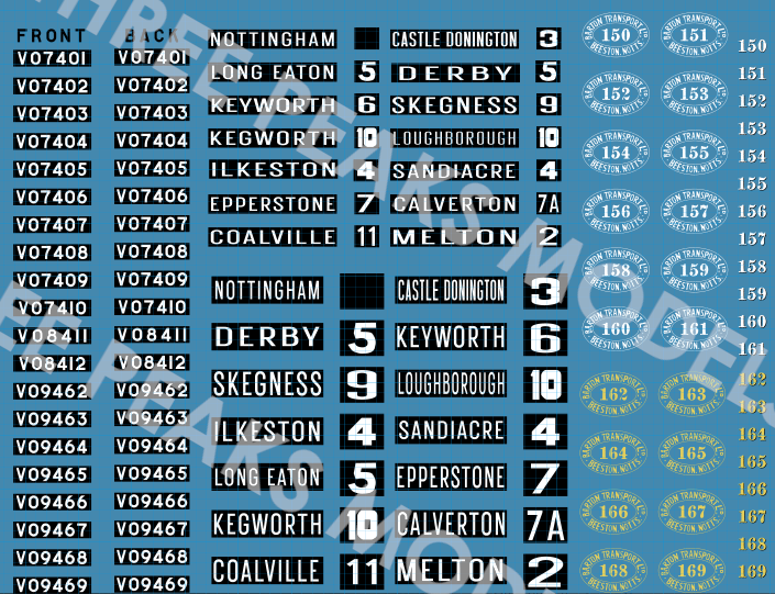 Example of the Reg no and destinations waterslide transfers sheet for the Barton Leyland Lion LT5 scale model bus - Three Peaks Models