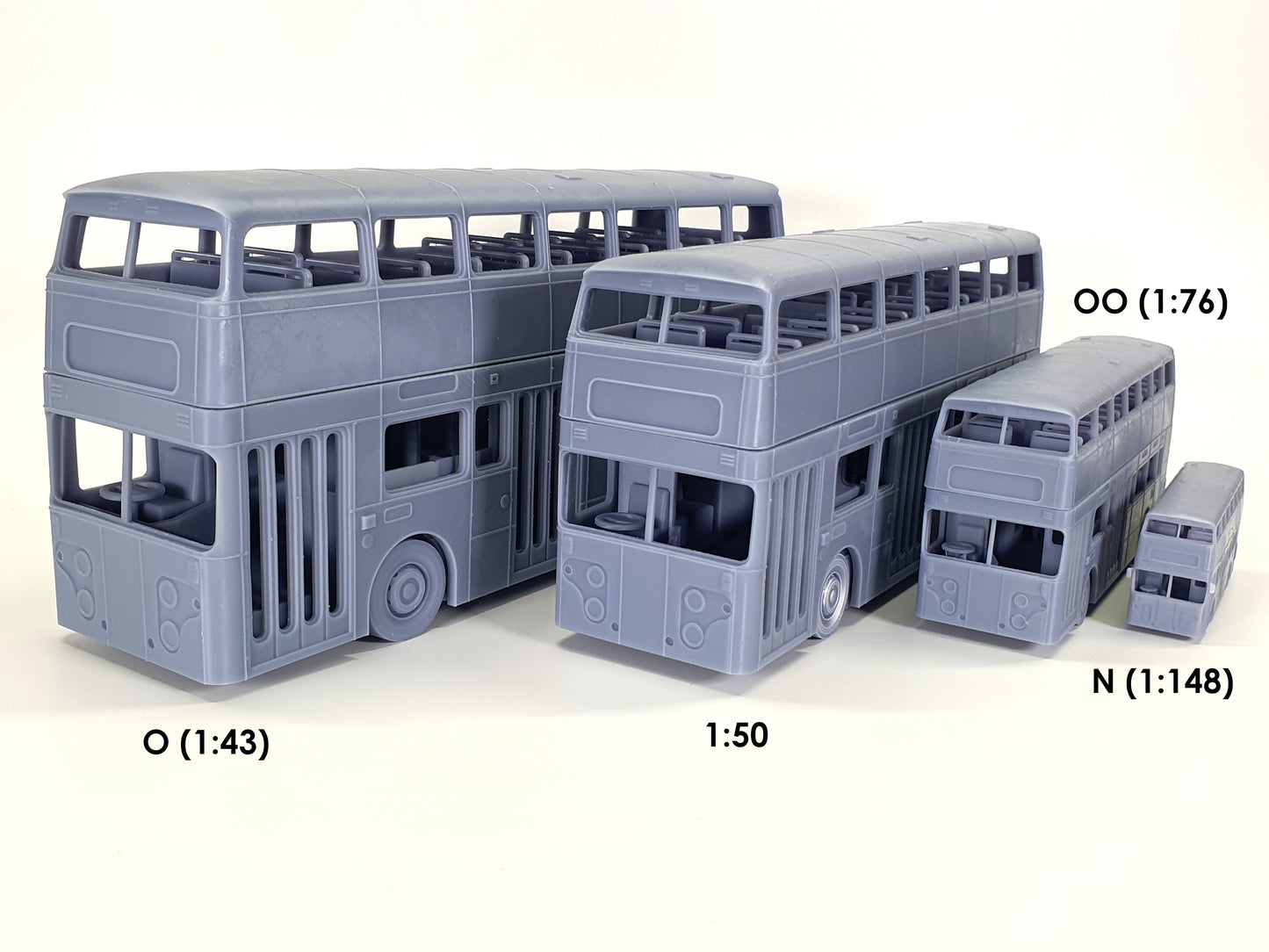 Unpainted scale models of a 2-door Oldham Leyland Atlantean double-decker bus in O (1:43), 1:50, OO (1:76) and N (1:148) - Three Peaks Models