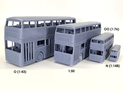Unpainted scale models of a 2-door Oldham Leyland Atlantean double-decker bus in O (1:43), 1:50, OO (1:76) and N (1:148) - Three Peaks Models