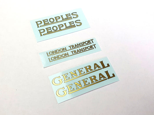 Examples of our O scale, waterslide transfers for the Thornycroft bus model. From top to bottom is "Peoples", "London Transport" and "General" - Three Peaks Models