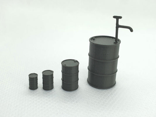 Scale models of 45 gallon oil drums or barrels in O, OO, TT and N gauge