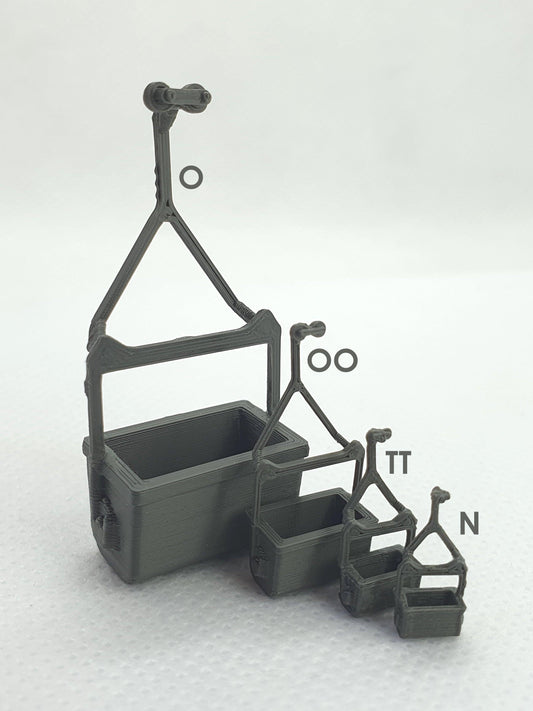 Group of assembled aerial ropeway bucket scale models in O, OO, TT and N gauge - Three Peaks Models