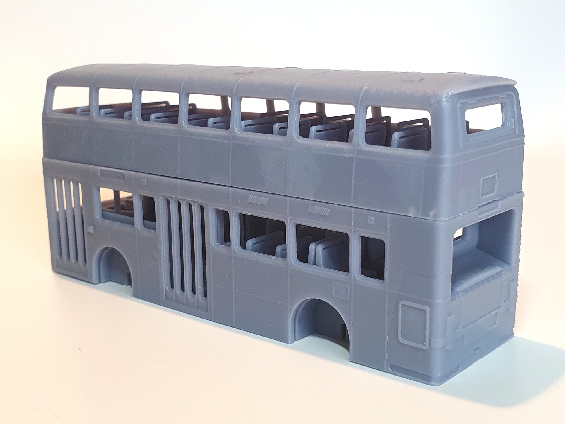Side view of scale model of a 2-door Oldham Leyland Atlantean bus in OO (1:76) - Three Peaks Models